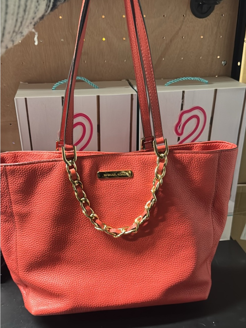 Michael Kors Coral-Red Pebbled Leather Chain-Handle Tote